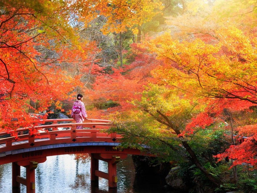 woman crossing Japanese bridge in autumn