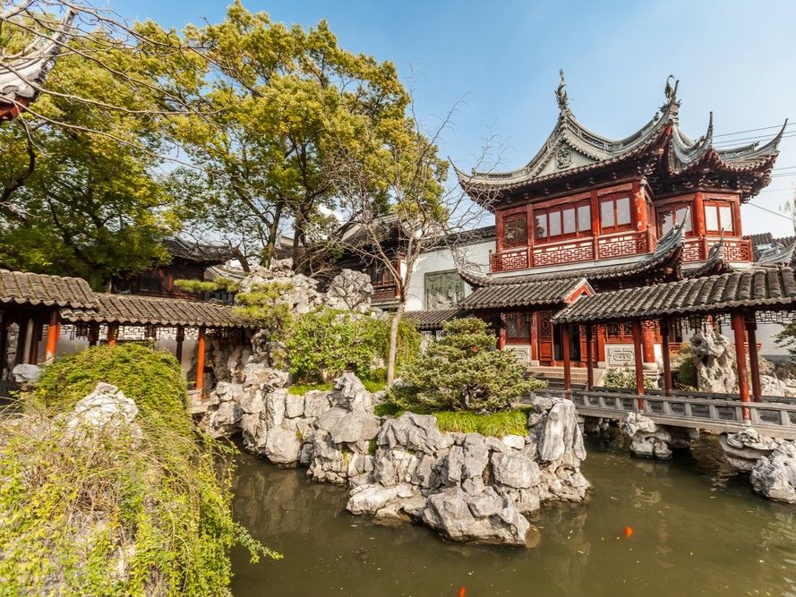 chinese pagoda along small stream